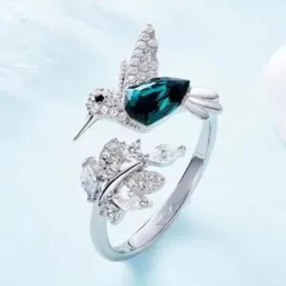 925 Silver Plated Ring Hummingbird CZ Emerald Women's Christmas Birthday Gift